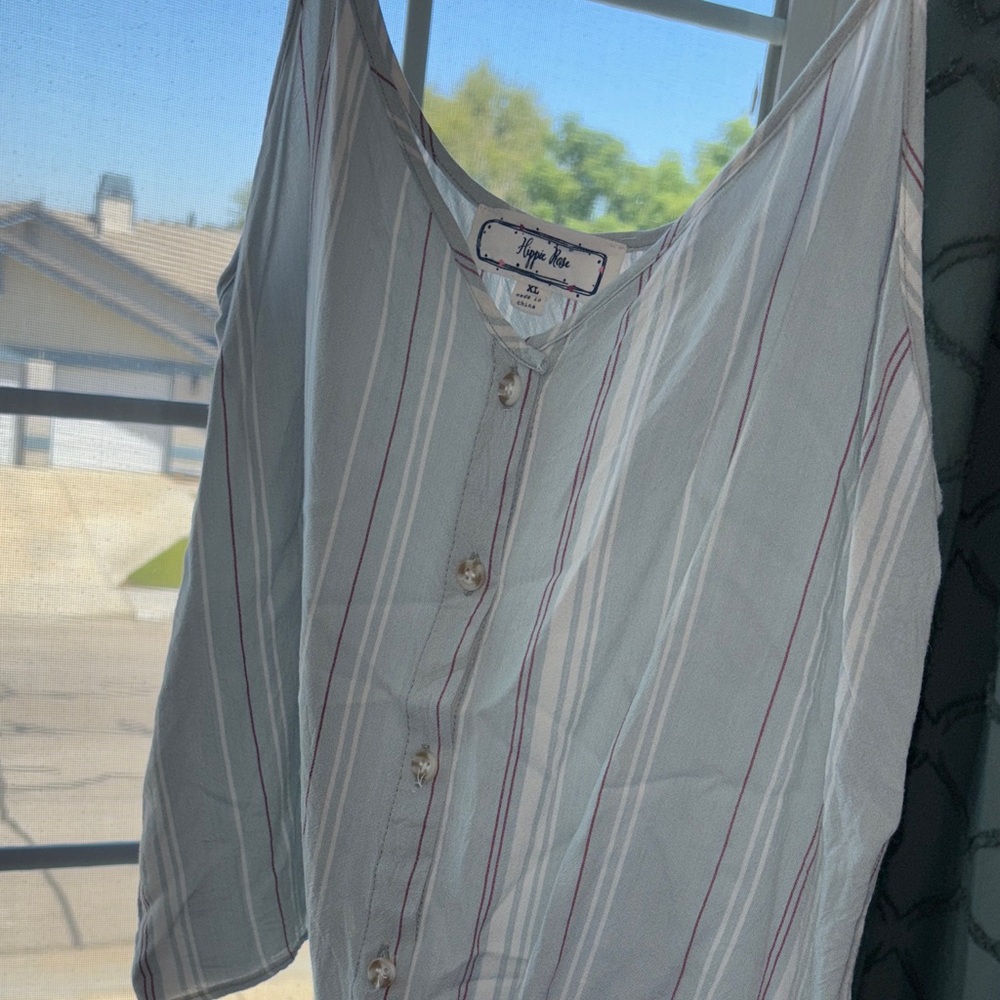 Hippie Rose Light Blue and Red Striped Button-Up Top